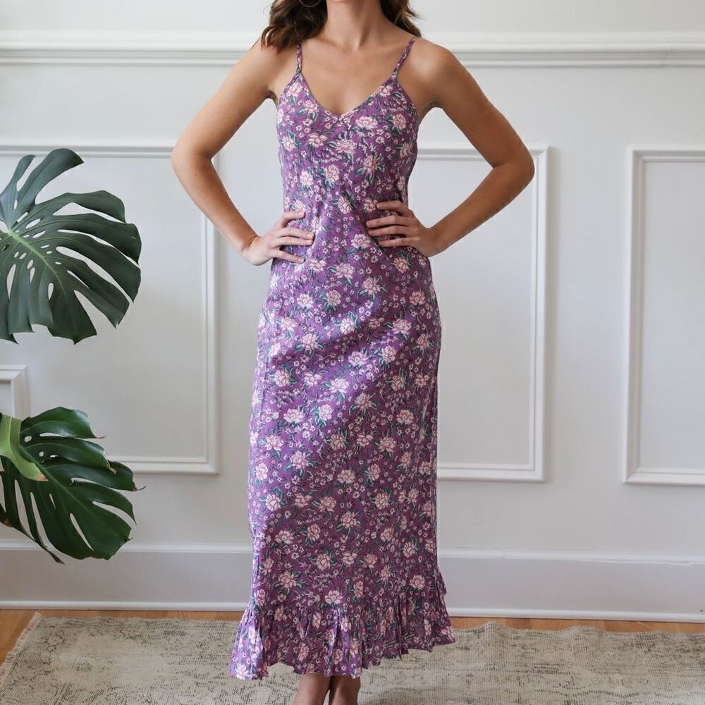NEW Mille Resort Slip Dress Floral‎ Roma Ruffle Hem Midi Dress Purple Size S - Picture 4 of 5
